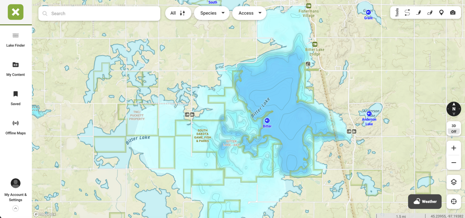 Bitter lake map on the onX Fish app 